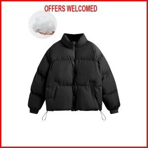 Quilted Puffer Jacket Cropped Oversized Zip Up Warm Winter Coat